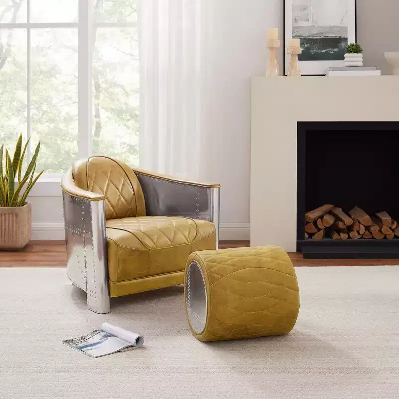 Industrial Genuine Leather and Aluminum Ottoman with Multi-Functional