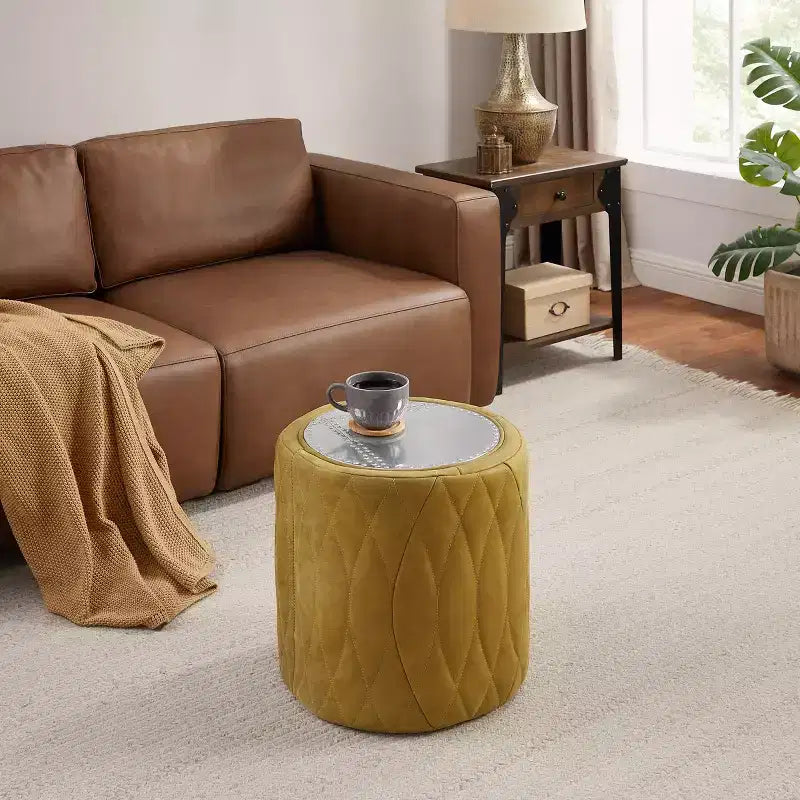 Industrial Genuine Leather and Aluminum Ottoman with Multi-Functional
