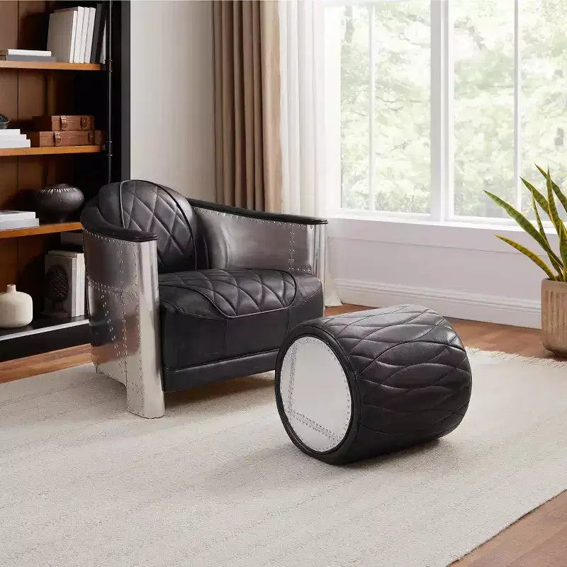 Industrial Genuine Leather and Aluminum Ottoman with Multi-Functional
