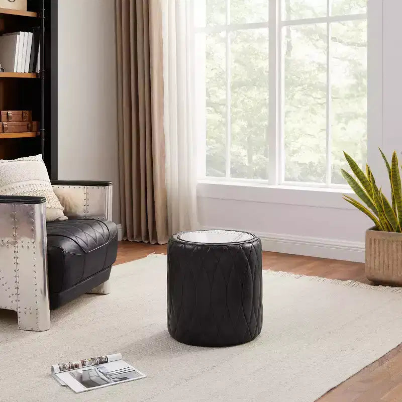 Industrial Genuine Leather and Aluminum Ottoman with Multi-Functional