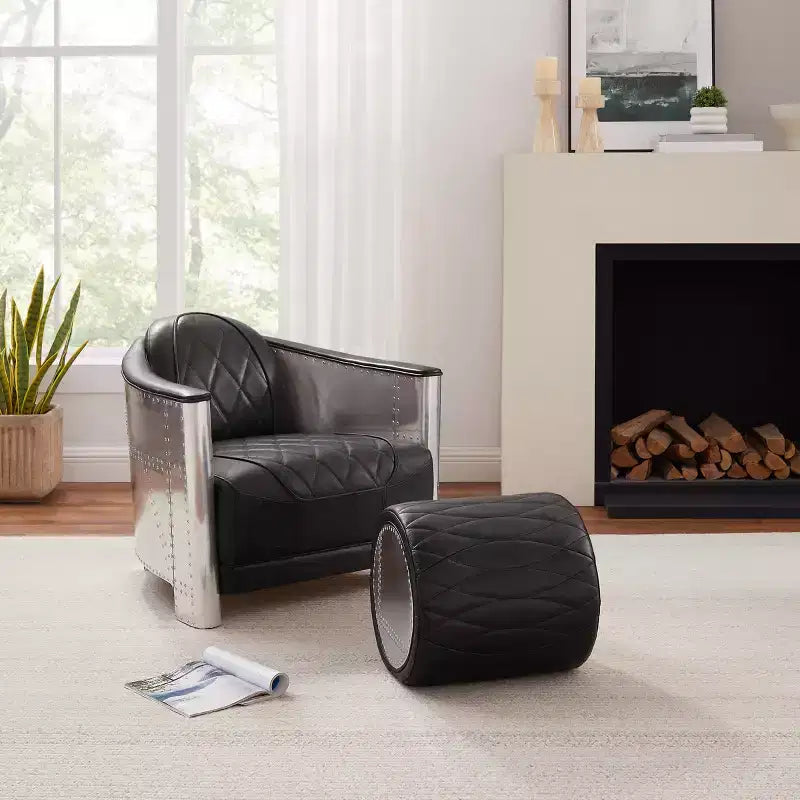 Industrial Genuine Leather and Aluminum Ottoman with Multi-Functional