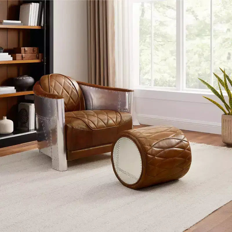 Industrial Genuine Leather and Aluminum Ottoman with Multi-Functional