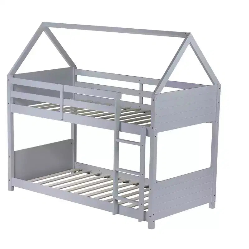 Floor Bunk Bed Twin over Twin with Headboards and Footboard for Kids Teens, Wood House Shaped Bunk Bed Frame with Guardrail and Ladder