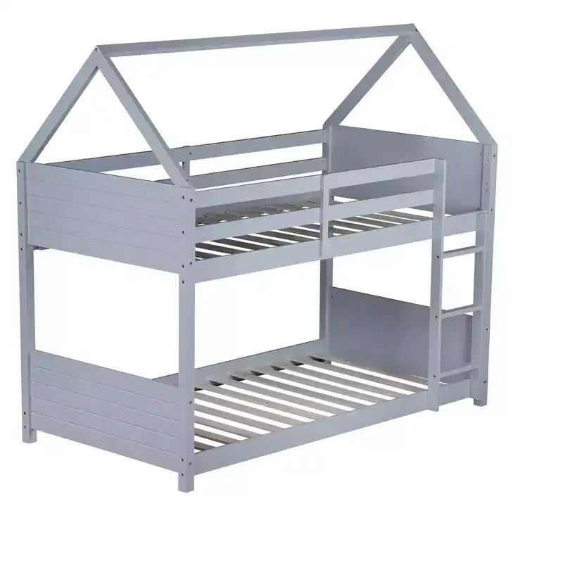 Floor Bunk Bed Twin over Twin with Headboards and Footboard for Kids Teens, Wood House Shaped Bunk Bed Frame with Guardrail and Ladder