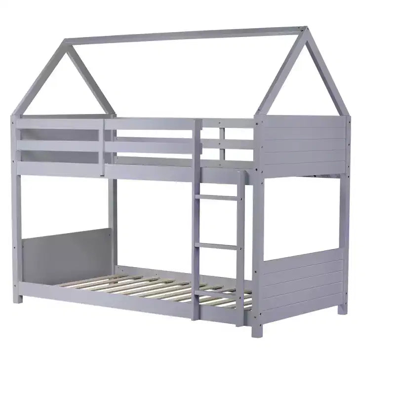 Floor Bunk Bed Twin over Twin with Headboards and Footboard for Kids Teens, Wood House Shaped Bunk Bed Frame with Guardrail and Ladder