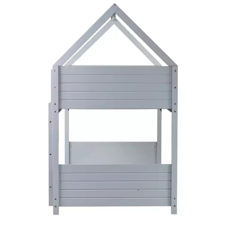 Floor Bunk Bed Twin over Twin with Headboards and Footboard for Kids Teens, Wood House Shaped Bunk Bed Frame with Guardrail and Ladder