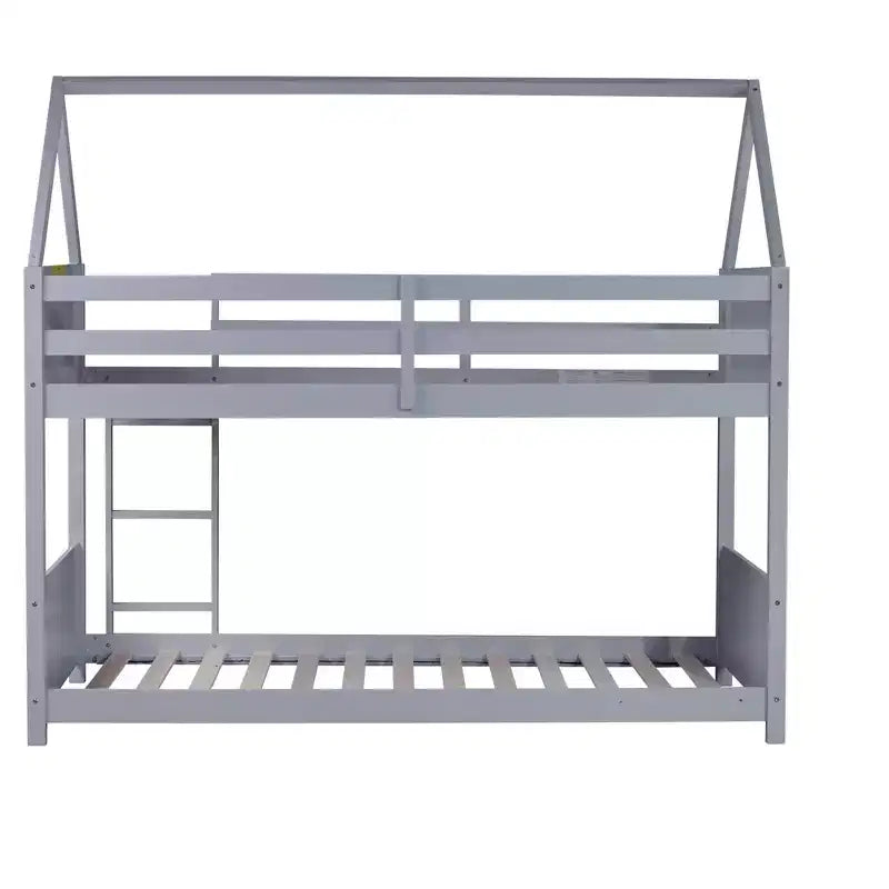 Floor Bunk Bed Twin over Twin with Headboards and Footboard for Kids Teens, Wood House Shaped Bunk Bed Frame with Guardrail and Ladder