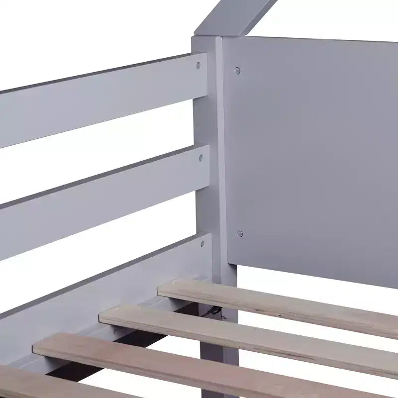 Floor Bunk Bed Twin over Twin with Headboards and Footboard for Kids Teens, Wood House Shaped Bunk Bed Frame with Guardrail and Ladder