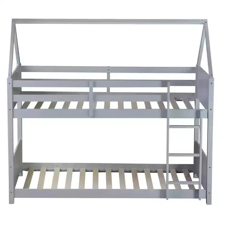 Floor Bunk Bed Twin over Twin with Headboards and Footboard for Kids Teens, Wood House Shaped Bunk Bed Frame with Guardrail and Ladder