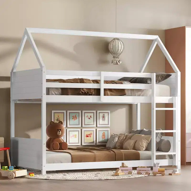 Floor Bunk Bed Twin over Twin with Headboards and Footboard for Kids Teens, Wood House Shaped Bunk Bed Frame with Guardrail and Ladder