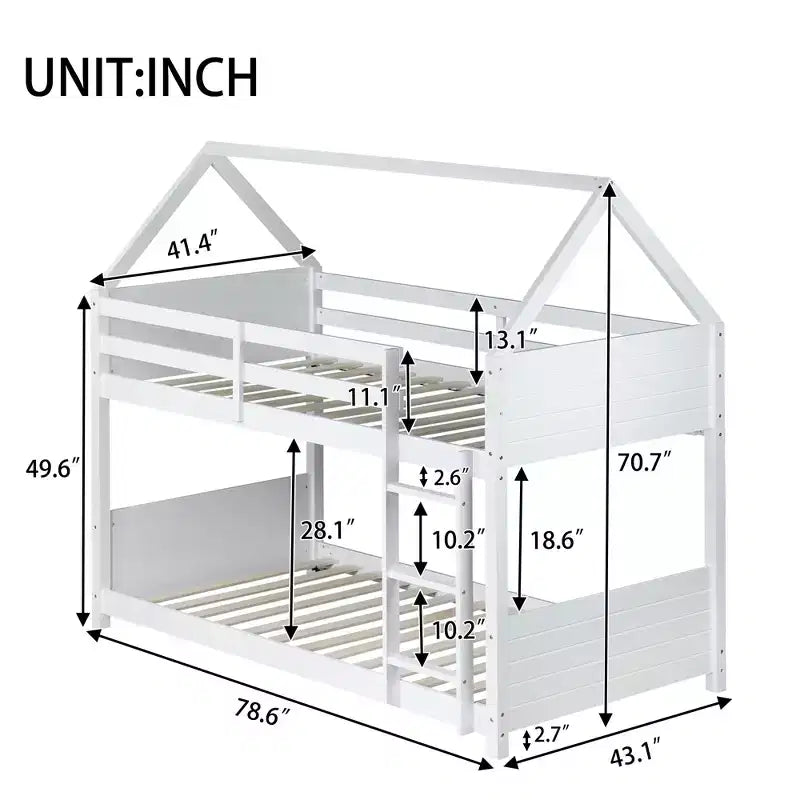 Floor Bunk Bed Twin over Twin with Headboards and Footboard for Kids Teens, Wood House Shaped Bunk Bed Frame with Guardrail and Ladder