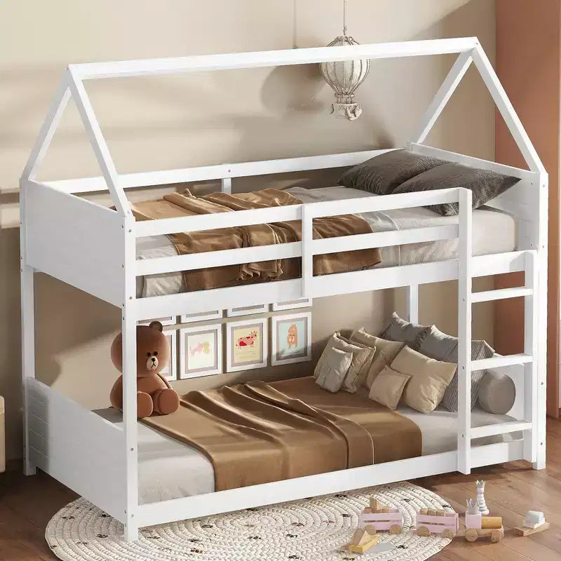 Floor Bunk Bed Twin over Twin with Headboards and Footboard for Kids Teens, Wood House Shaped Bunk Bed Frame with Guardrail and Ladder