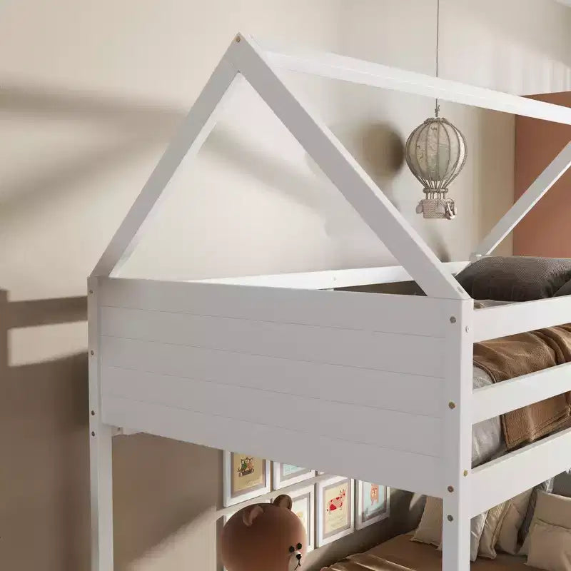 Floor Bunk Bed Twin over Twin with Headboards and Footboard for Kids Teens, Wood House Shaped Bunk Bed Frame with Guardrail and Ladder
