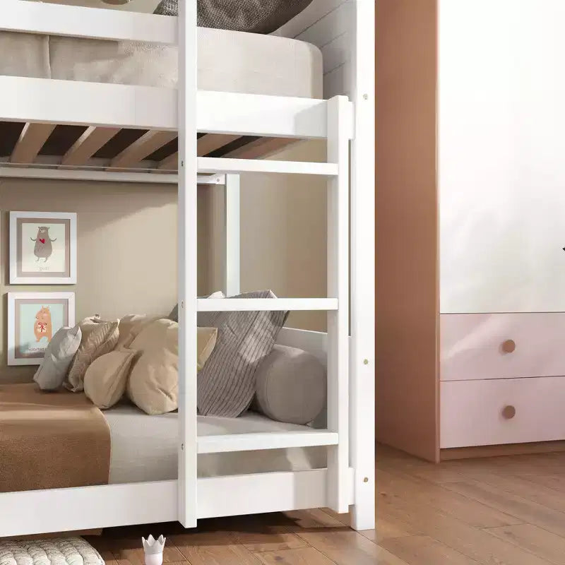 Floor Bunk Bed Twin over Twin with Headboards and Footboard for Kids Teens, Wood House Shaped Bunk Bed Frame with Guardrail and Ladder
