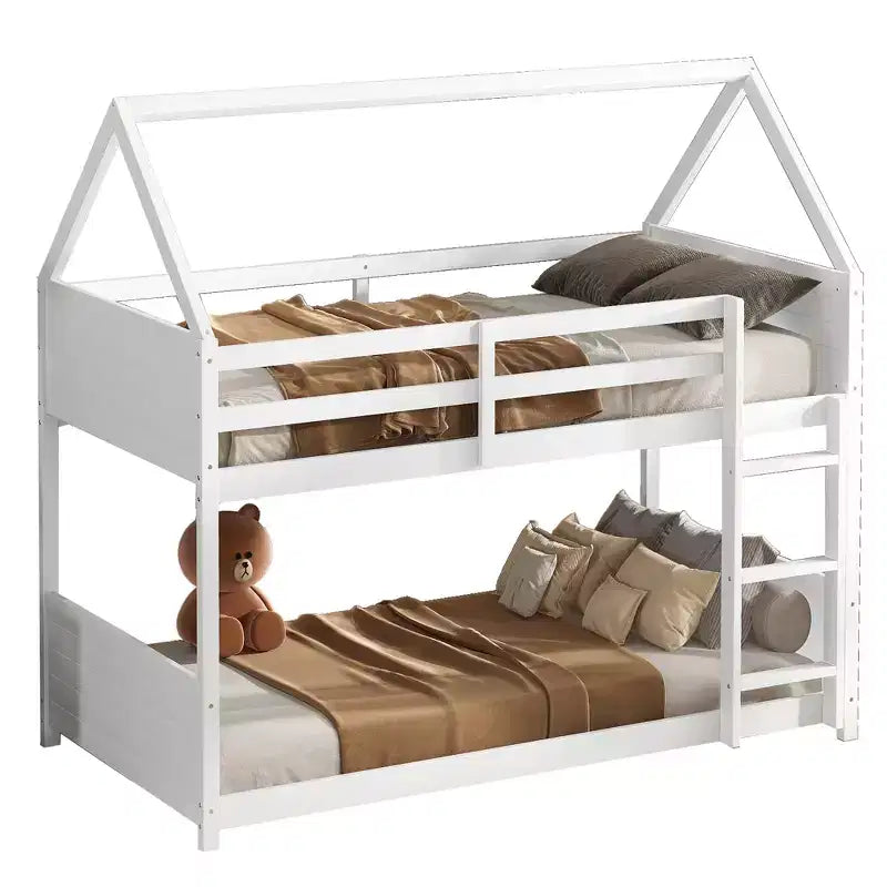 Floor Bunk Bed Twin over Twin with Headboards and Footboard for Kids Teens, Wood House Shaped Bunk Bed Frame with Guardrail and Ladder
