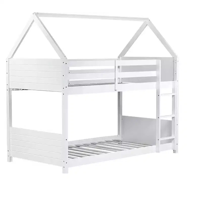Floor Bunk Bed Twin over Twin with Headboards and Footboard for Kids Teens, Wood House Shaped Bunk Bed Frame with Guardrail and Ladder