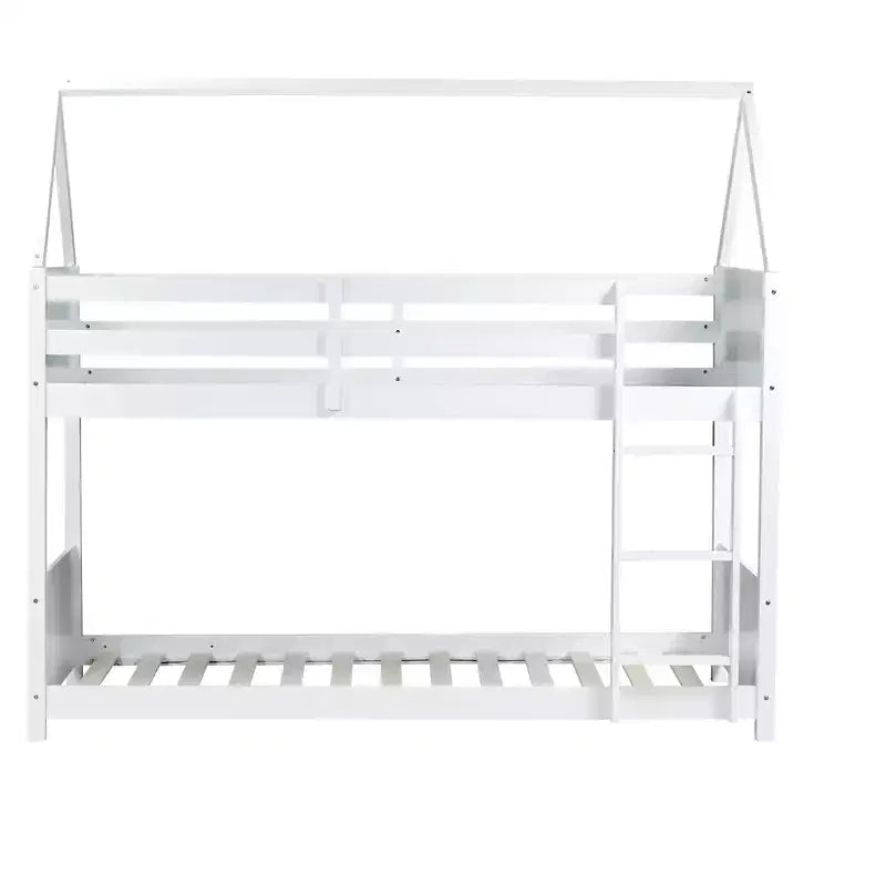 Floor Bunk Bed Twin over Twin with Headboards and Footboard for Kids Teens, Wood House Shaped Bunk Bed Frame with Guardrail and Ladder