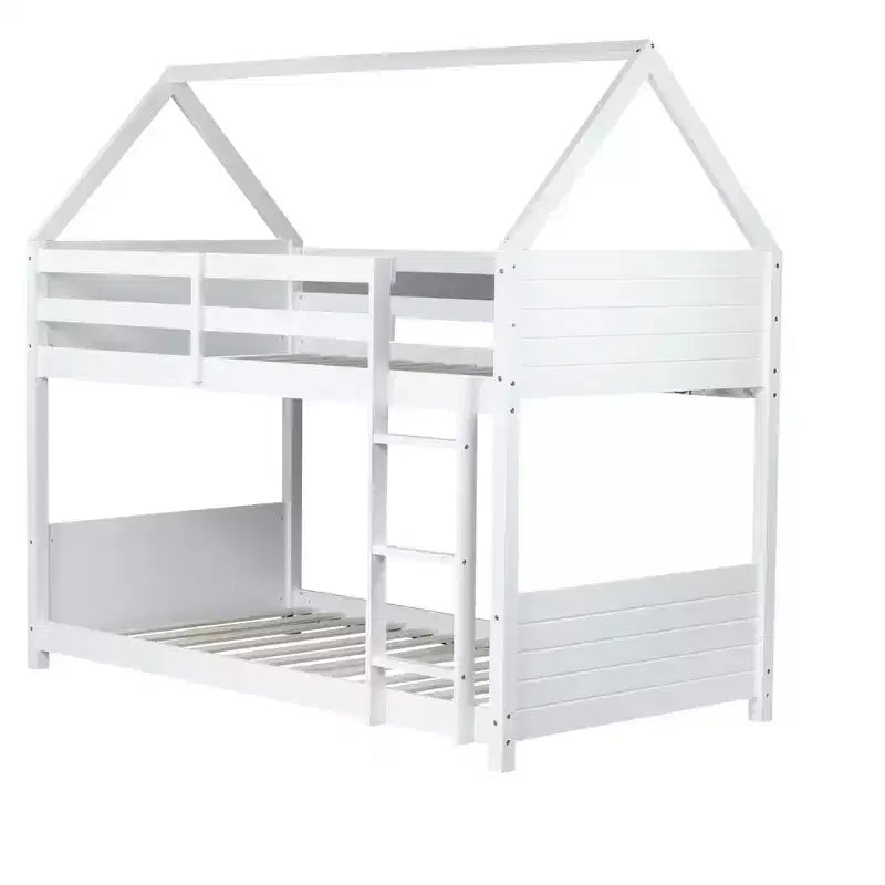 Floor Bunk Bed Twin over Twin with Headboards and Footboard for Kids Teens, Wood House Shaped Bunk Bed Frame with Guardrail and Ladder