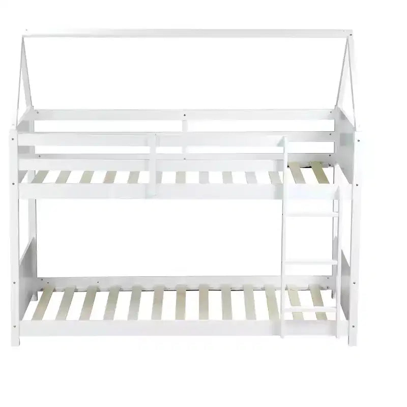 Floor Bunk Bed Twin over Twin with Headboards and Footboard for Kids Teens, Wood House Shaped Bunk Bed Frame with Guardrail and Ladder