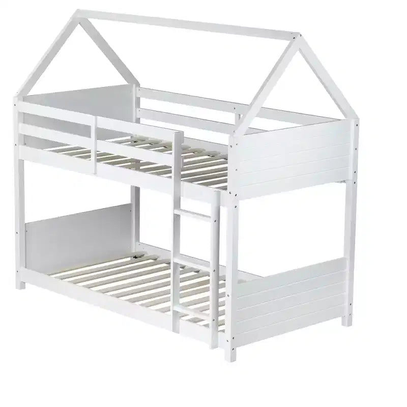 Floor Bunk Bed Twin over Twin with Headboards and Footboard for Kids Teens, Wood House Shaped Bunk Bed Frame with Guardrail and Ladder
