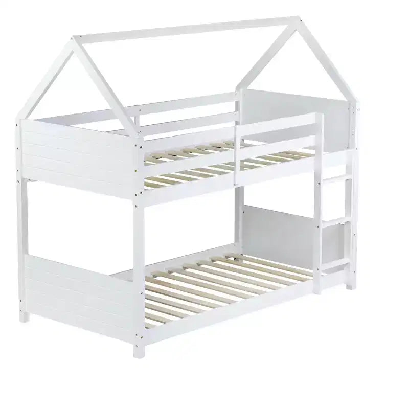 Floor Bunk Bed Twin over Twin with Headboards and Footboard for Kids Teens, Wood House Shaped Bunk Bed Frame with Guardrail and Ladder