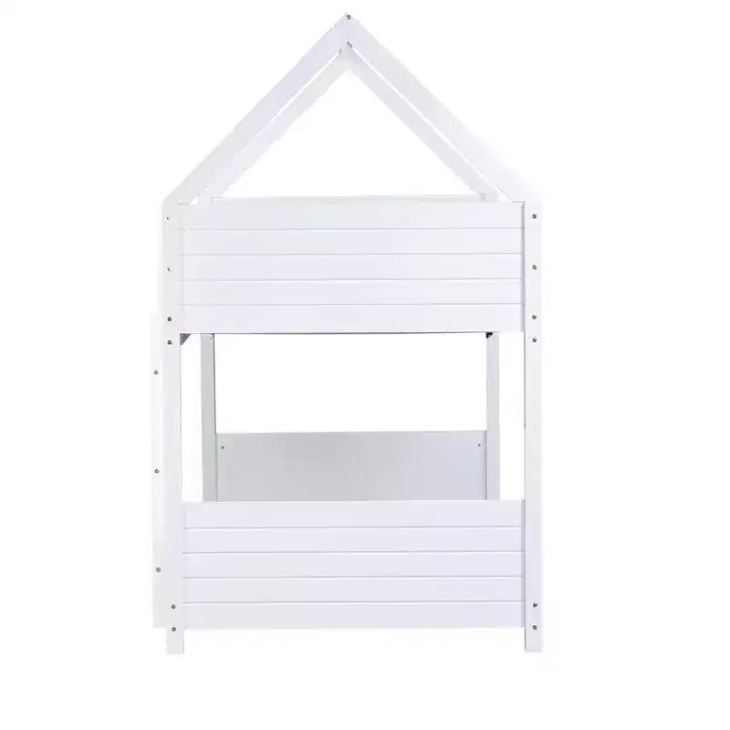 Floor Bunk Bed Twin over Twin with Headboards and Footboard for Kids Teens, Wood House Shaped Bunk Bed Frame with Guardrail and Ladder