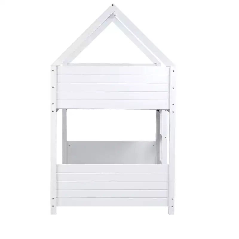 Floor Bunk Bed Twin over Twin with Headboards and Footboard for Kids Teens, Wood House Shaped Bunk Bed Frame with Guardrail and Ladder
