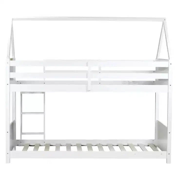 Floor Bunk Bed Twin over Twin with Headboards and Footboard for Kids Teens, Wood House Shaped Bunk Bed Frame with Guardrail and Ladder
