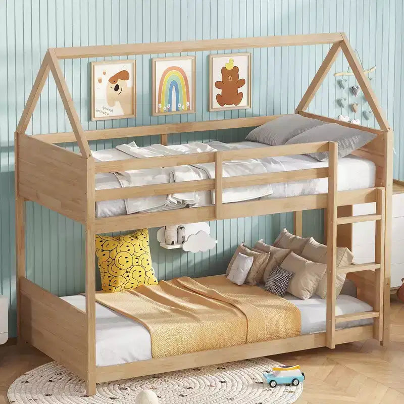 Floor Bunk Bed Twin over Twin with Headboards and Footboard for Kids Teens, Wood House Shaped Bunk Bed Frame with Guardrail and Ladder