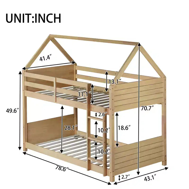 Floor Bunk Bed Twin over Twin with Headboards and Footboard for Kids Teens, Wood House Shaped Bunk Bed Frame with Guardrail and Ladder