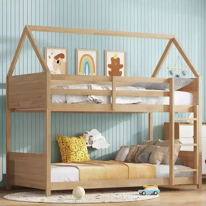 Floor Bunk Bed Twin over Twin with Headboards and Footboard for Kids Teens, Wood House Shaped Bunk Bed Frame with Guardrail and Ladder