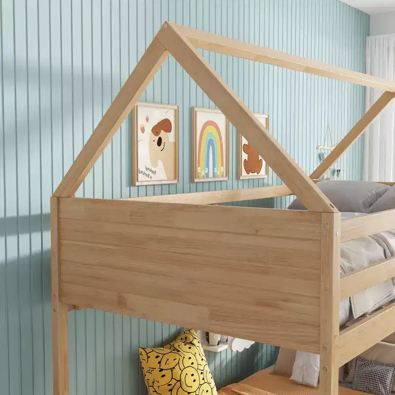 Floor Bunk Bed Twin over Twin with Headboards and Footboard for Kids Teens, Wood House Shaped Bunk Bed Frame with Guardrail and Ladder