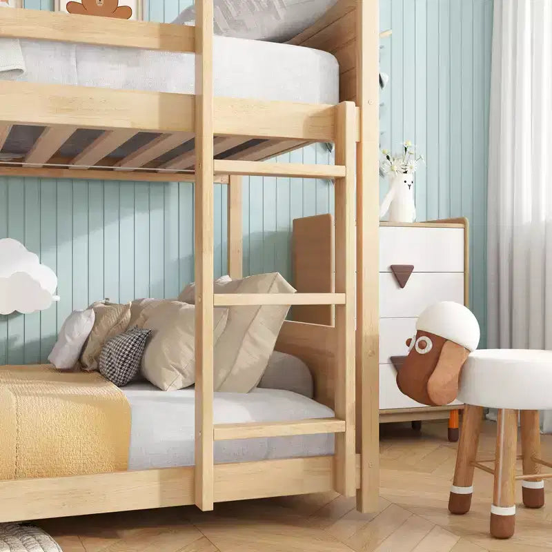 Floor Bunk Bed Twin over Twin with Headboards and Footboard for Kids Teens, Wood House Shaped Bunk Bed Frame with Guardrail and Ladder