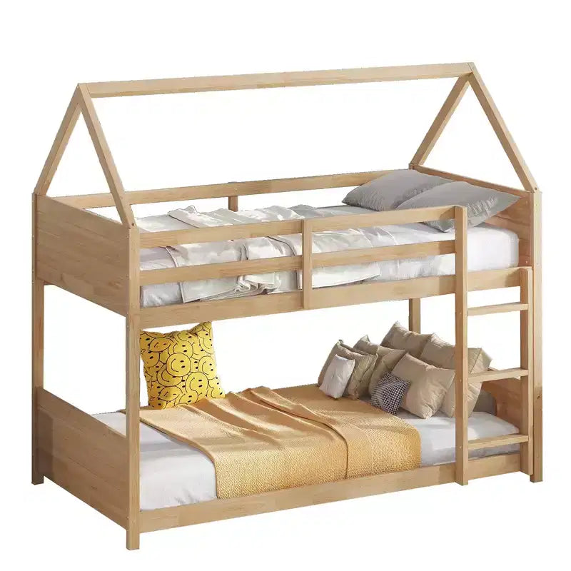 Floor Bunk Bed Twin over Twin with Headboards and Footboard for Kids Teens, Wood House Shaped Bunk Bed Frame with Guardrail and Ladder