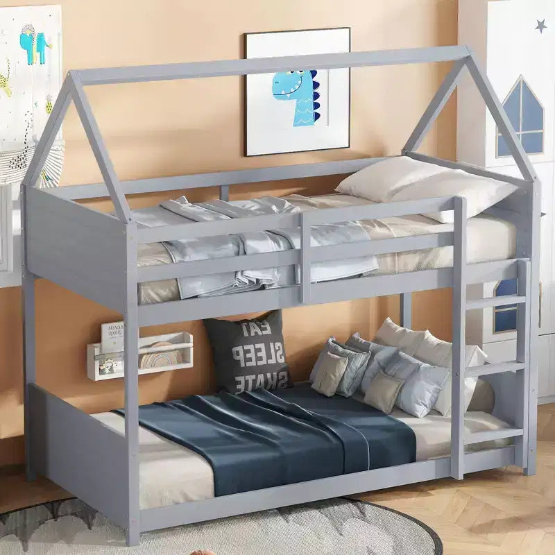 Floor Bunk Bed Twin over Twin with Headboards and Footboard for Kids Teens, Wood House Shaped Bunk Bed Frame with Guardrail and Ladder