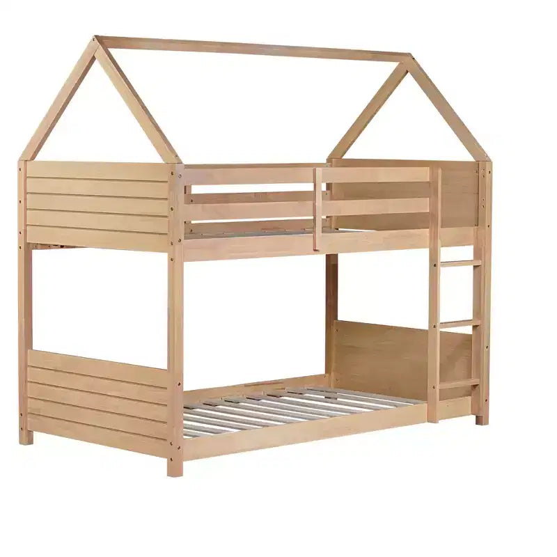 Floor Bunk Bed Twin over Twin with Headboards and Footboard for Kids Teens, Wood House Shaped Bunk Bed Frame with Guardrail and Ladder