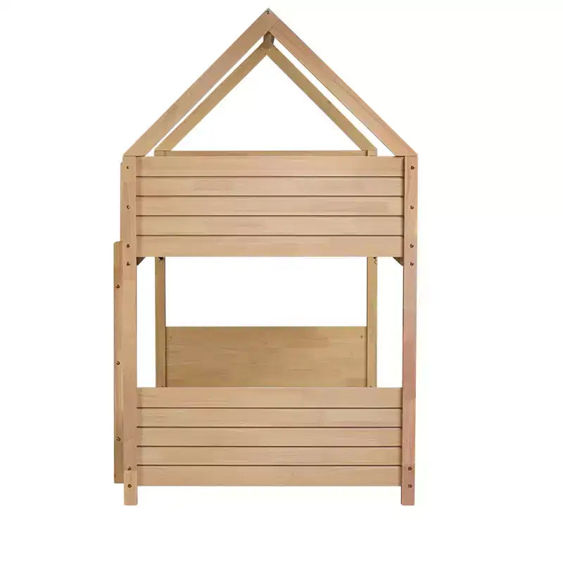 Floor Bunk Bed Twin over Twin with Headboards and Footboard for Kids Teens, Wood House Shaped Bunk Bed Frame with Guardrail and Ladder