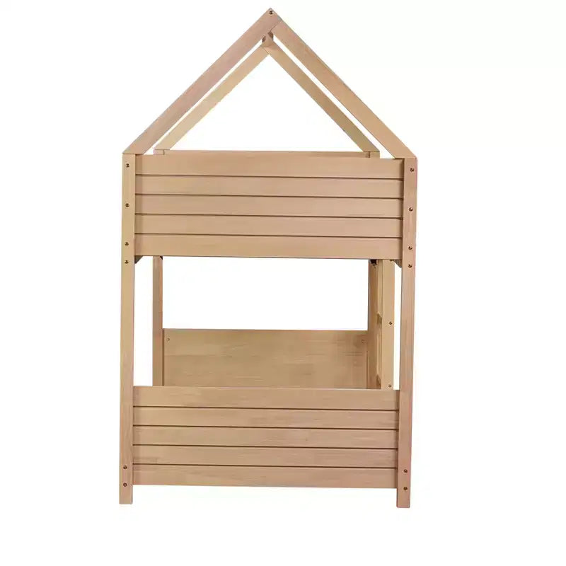 Floor Bunk Bed Twin over Twin with Headboards and Footboard for Kids Teens, Wood House Shaped Bunk Bed Frame with Guardrail and Ladder