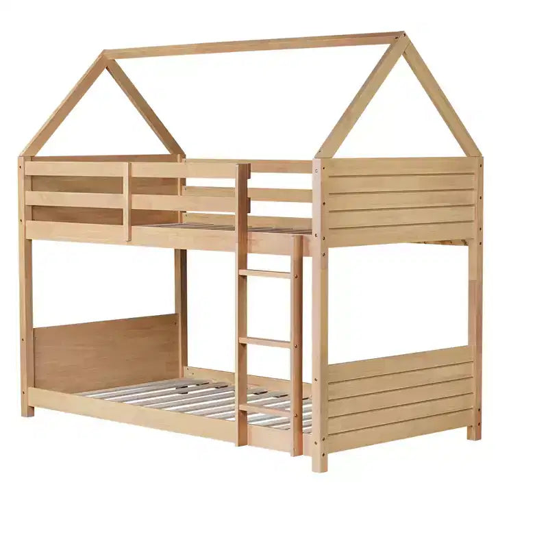 Floor Bunk Bed Twin over Twin with Headboards and Footboard for Kids Teens, Wood House Shaped Bunk Bed Frame with Guardrail and Ladder