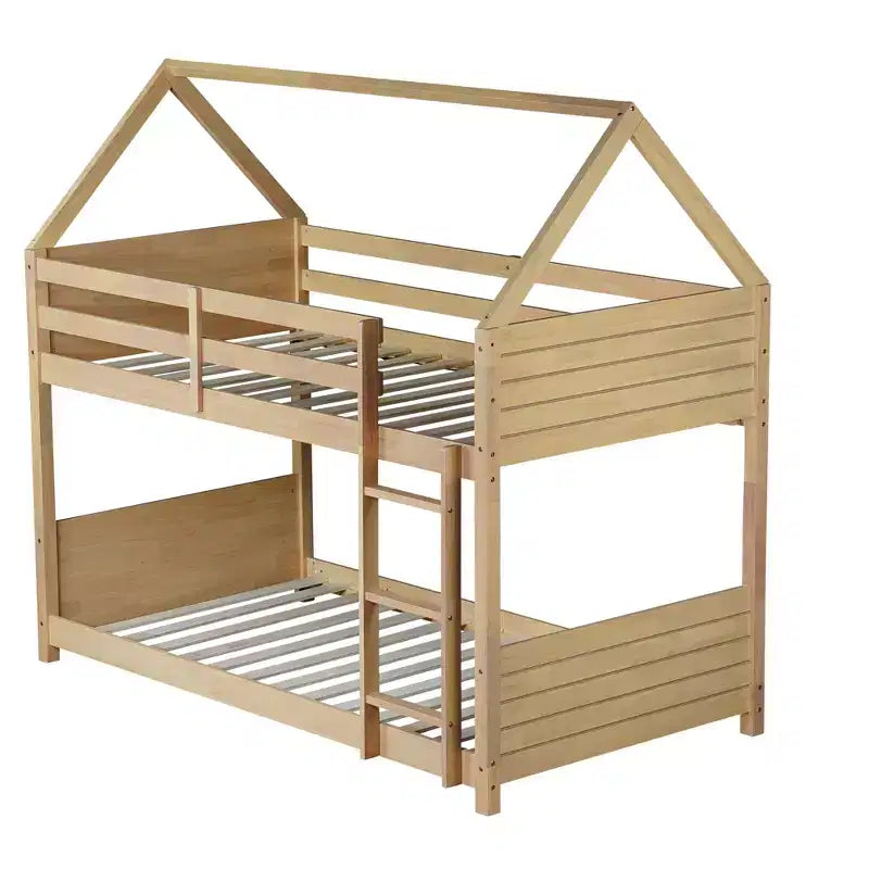 Floor Bunk Bed Twin over Twin with Headboards and Footboard for Kids Teens, Wood House Shaped Bunk Bed Frame with Guardrail and Ladder