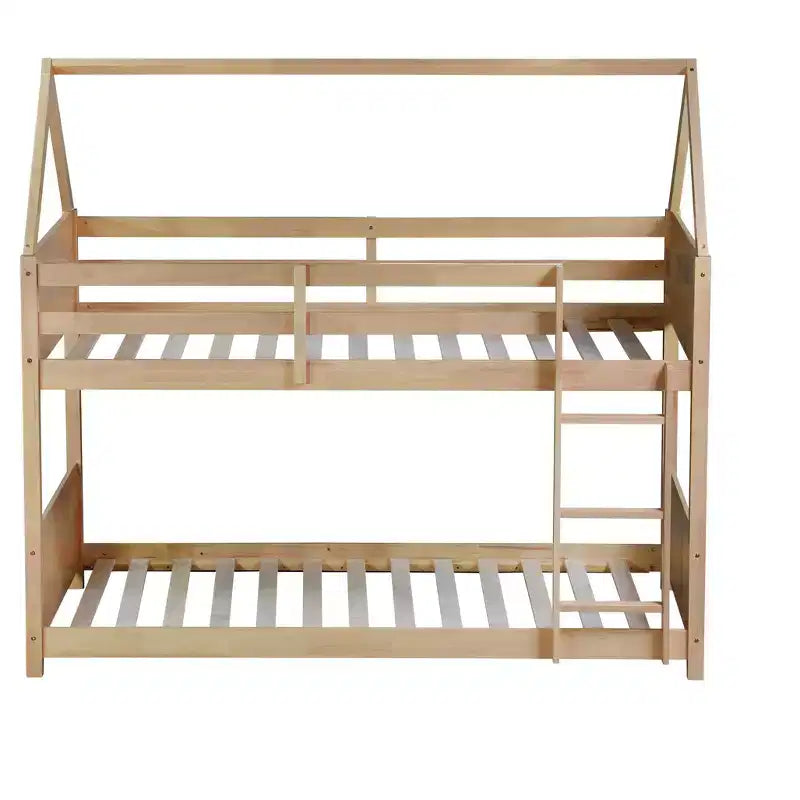 Floor Bunk Bed Twin over Twin with Headboards and Footboard for Kids Teens, Wood House Shaped Bunk Bed Frame with Guardrail and Ladder