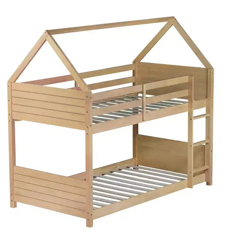 Floor Bunk Bed Twin over Twin with Headboards and Footboard for Kids Teens, Wood House Shaped Bunk Bed Frame with Guardrail and Ladder
