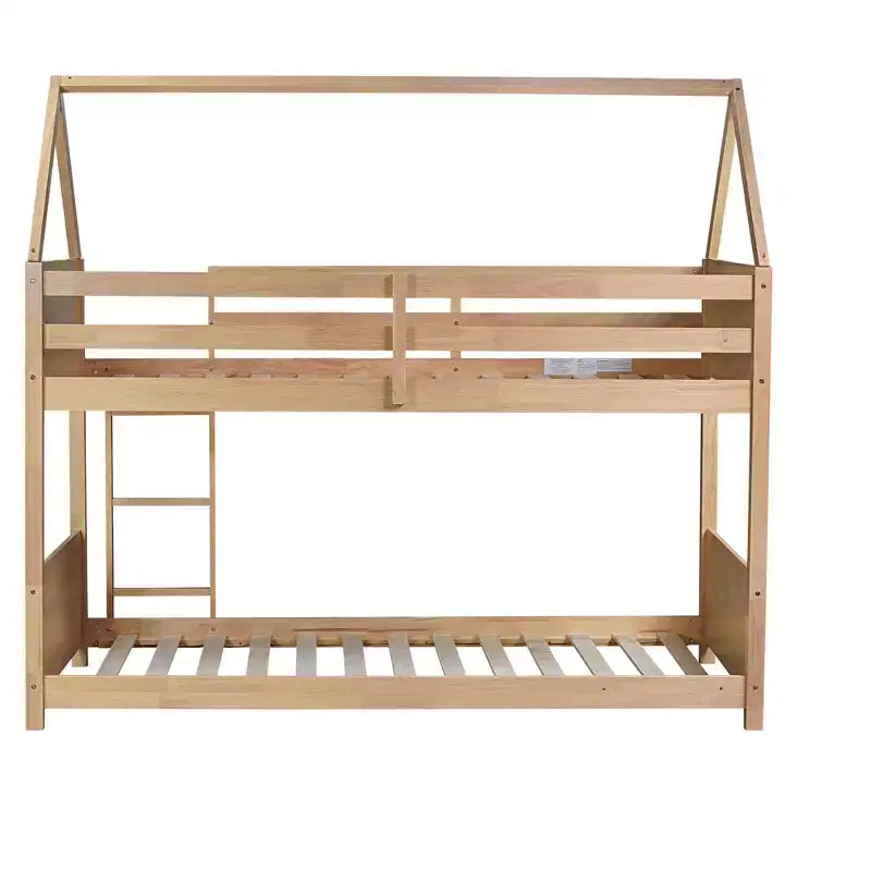 Floor Bunk Bed Twin over Twin with Headboards and Footboard for Kids Teens, Wood House Shaped Bunk Bed Frame with Guardrail and Ladder