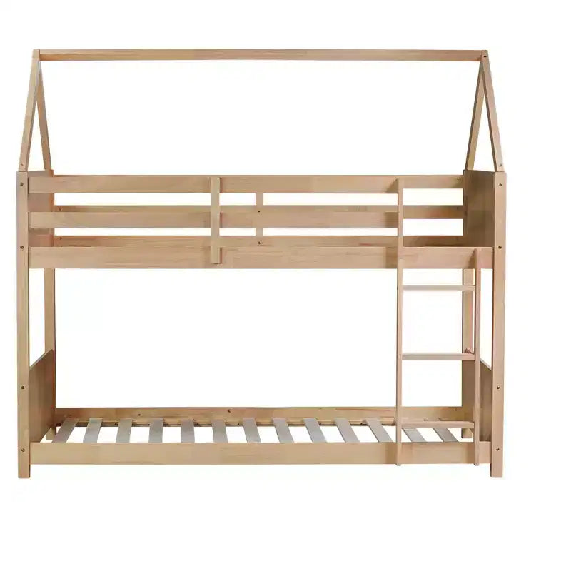 Floor Bunk Bed Twin over Twin with Headboards and Footboard for Kids Teens, Wood House Shaped Bunk Bed Frame with Guardrail and Ladder