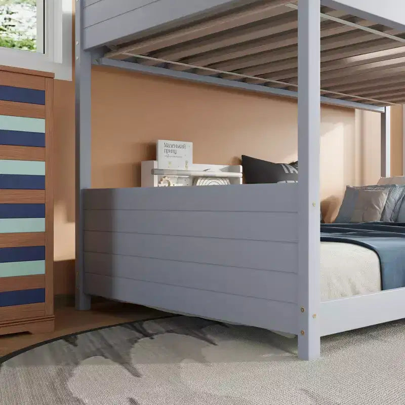 Floor Bunk Bed Twin over Twin with Headboards and Footboard for Kids Teens, Wood House Shaped Bunk Bed Frame with Guardrail and Ladder