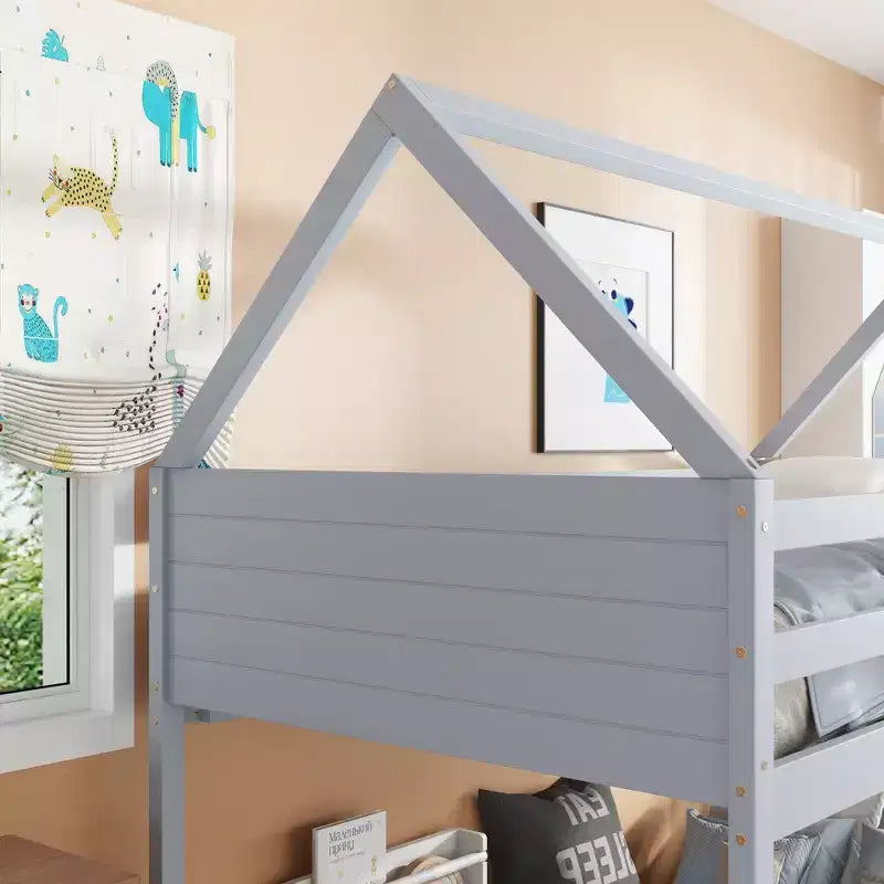 Floor Bunk Bed Twin over Twin with Headboards and Footboard for Kids Teens, Wood House Shaped Bunk Bed Frame with Guardrail and Ladder