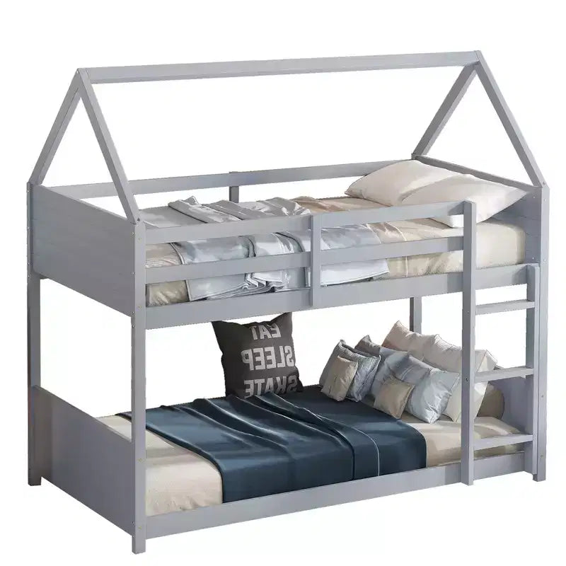 Floor Bunk Bed Twin over Twin with Headboards and Footboard for Kids Teens, Wood House Shaped Bunk Bed Frame with Guardrail and Ladder