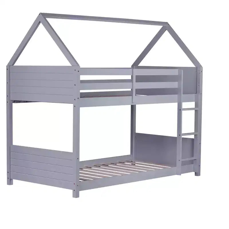 Floor Bunk Bed Twin over Twin with Headboards and Footboard for Kids Teens, Wood House Shaped Bunk Bed Frame with Guardrail and Ladder