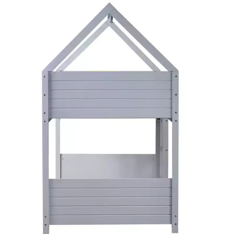 Floor Bunk Bed Twin over Twin with Headboards and Footboard for Kids Teens, Wood House Shaped Bunk Bed Frame with Guardrail and Ladder