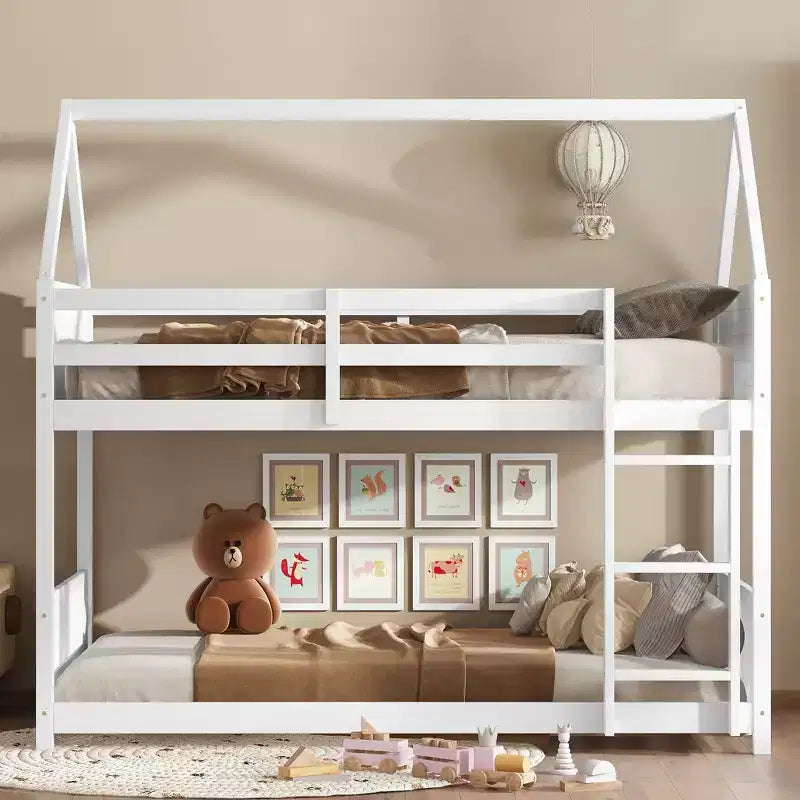 Floor Bunk Bed Twin over Twin with Headboards and Footboard for Kids Teens, Wood House Shaped Bunk Bed Frame with Guardrail and Ladder